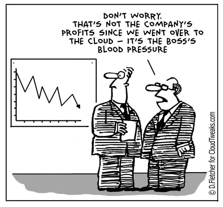 corporate cartoon humor about financial stress and cloud strategy discussions.