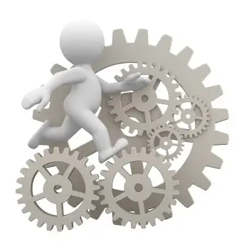 Dynamic minimalist figure running on gears, symbolizing harmony between human effort and technology.