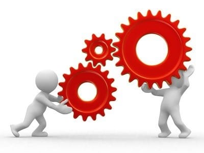 stylized stick figures working together with red gears, symbolizing teamwork and collaboration.