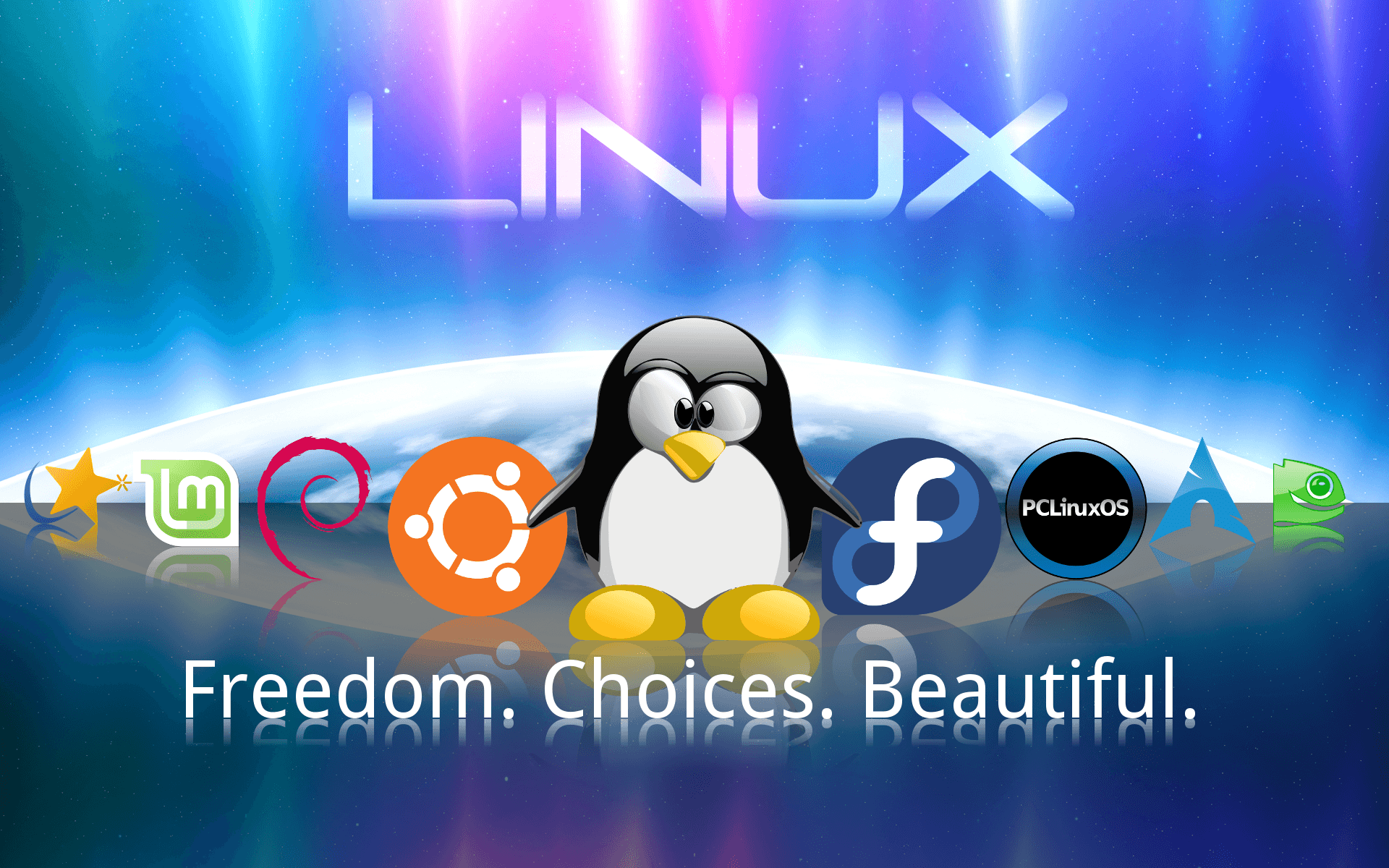 celebrating linux with tux, vibrant design, and a focus on freedom, choice, and beauty.