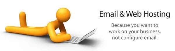 Getting Ahead With A Hosted Email Solution 6 cartoon figure using a laptop, promoting simplified email and web hosting for business efficiency.