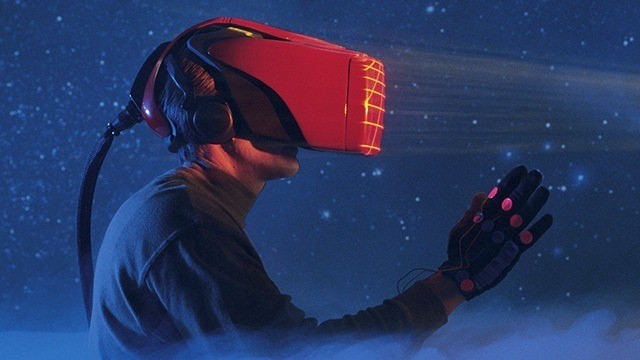 immersed in virtual reality, a user explores a cosmic realm with advanced vr technology.