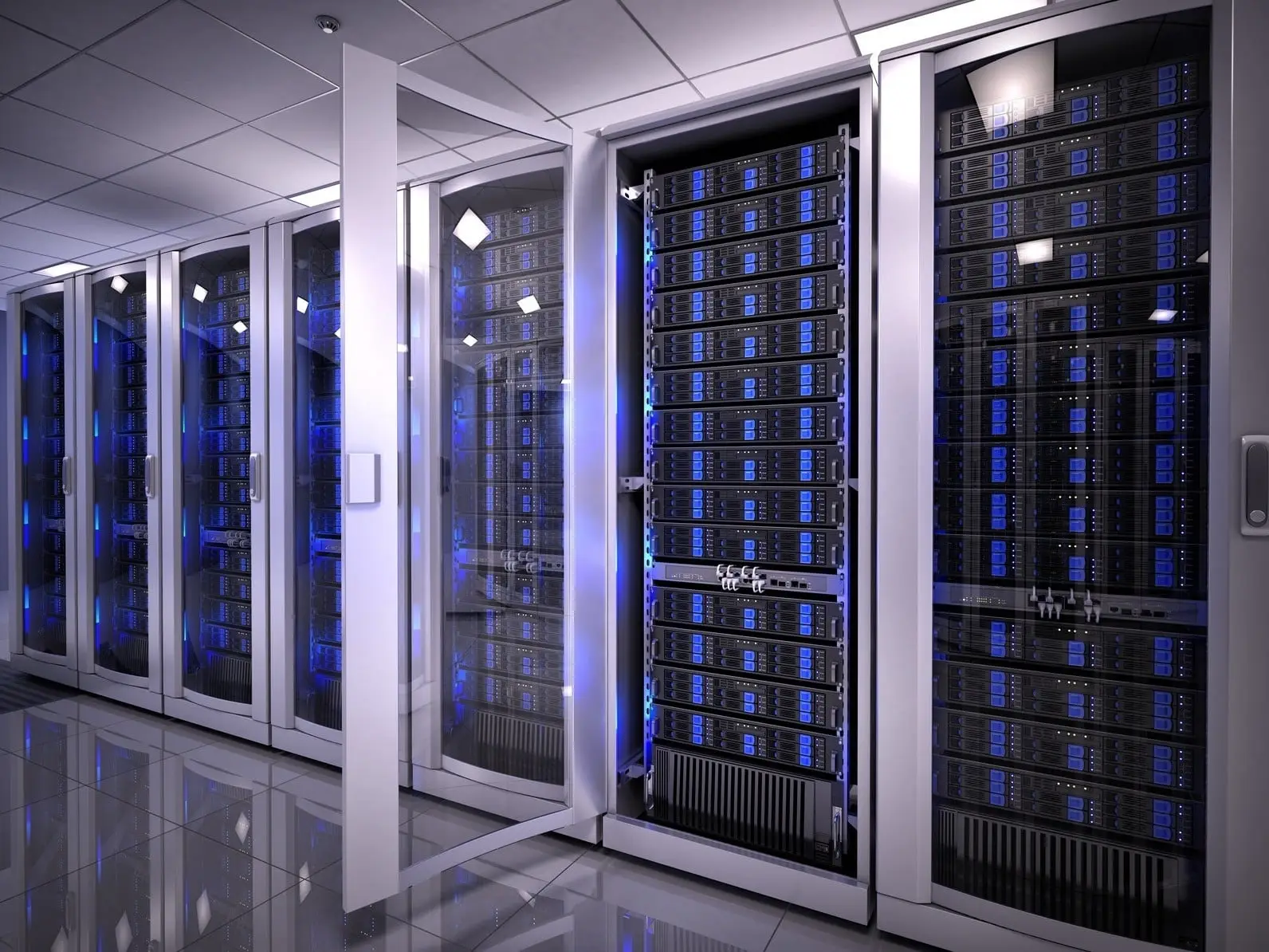 advanced data center showcasing organized server racks and efficient, high-tech virtualization solutions.