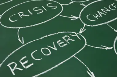 The Location Of A Disaster Recovery Service Provider'S Data Centers 1 crisis leads to recovery and change, highlighting growth opportunities through adversity in a chalkboard mind map.