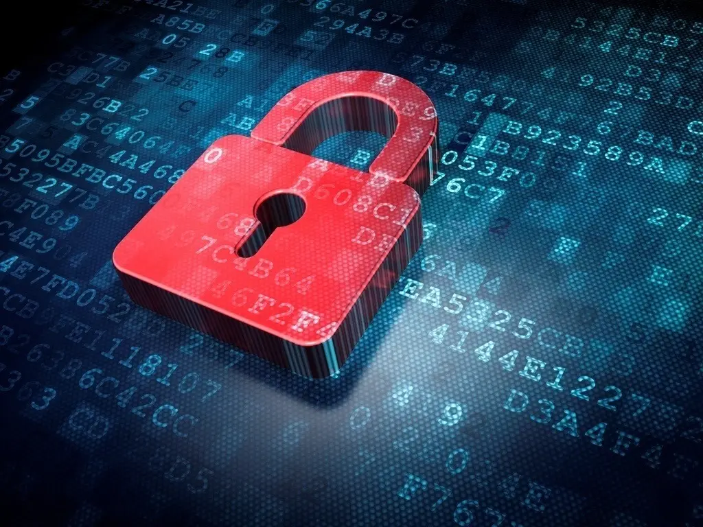 Red padlock symbolizing cybersecurity protection, surrounded by digital code illustrating data securitys importance.