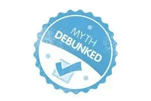 The Four Myths About It Support 1 badge featuring myth debunked emphasizes truth and verification in it support misconceptions.