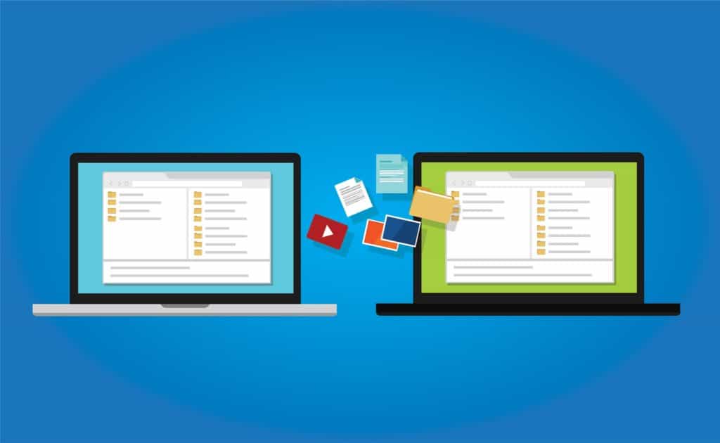 two laptops on a blue background illustrating seamless file transfer options and connectivity.