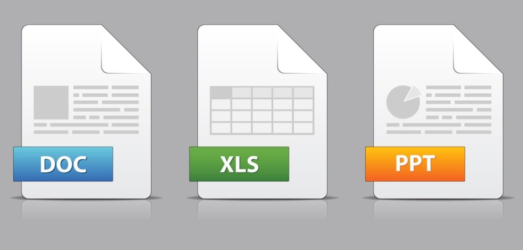 three document icons representing doc, xls, and ppt productivity file formats against a gray background.