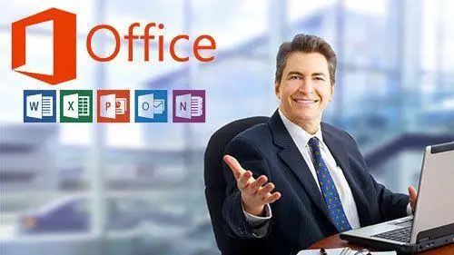 confident professional promotes microsoft office tools for enhanced productivity in a modern office setting.
