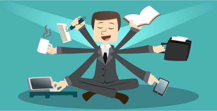 cheerful businessman multitasks with coffee, smartphone, and notes, embodying modern productivity.