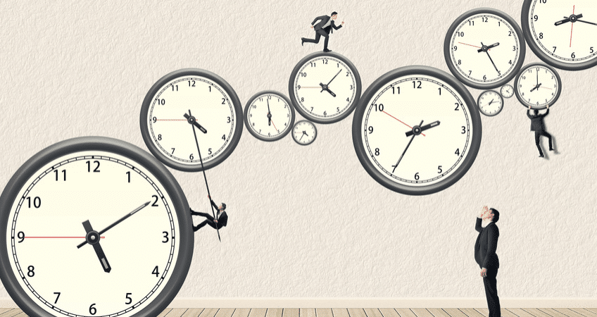 businessman contemplates time management amid dynamic clocks and figures, symbolizing the urgency of success.