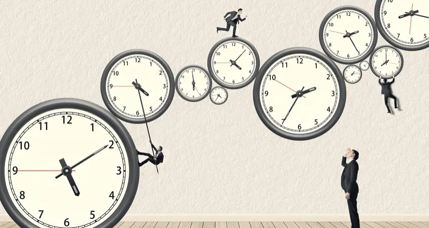 Tip Of The Day: Managing Your Time 1 businessman contemplates time management amid dynamic clocks and figures, symbolizing the urgency of success.
