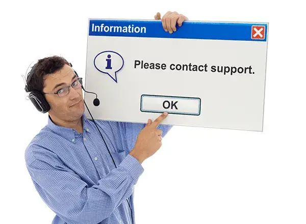 It Support Blog For New York Businesses 3 smiling tech support representative encourages contacting support with informational pop-up sign.