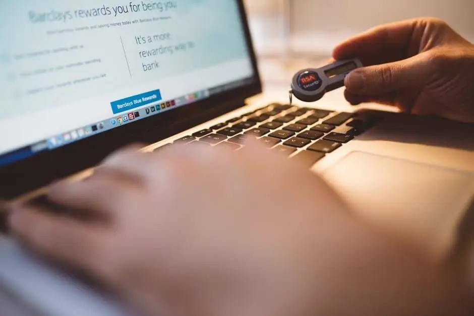Cybersecurity For Business: Here'S How To Secure Your Technology Now! 6 person using a laptop for online banking, emphasizing security with a key fob.