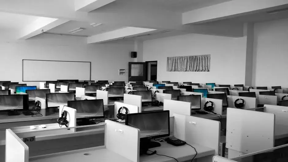 Modern computer lab with organized desks, illuminated monitors, and natural light for collaborative learning.