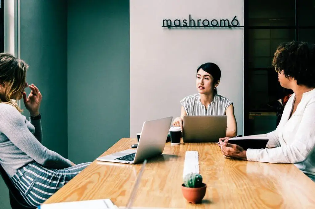 Three women collaborate in a bright, modern meeting room with a polished wooden table.