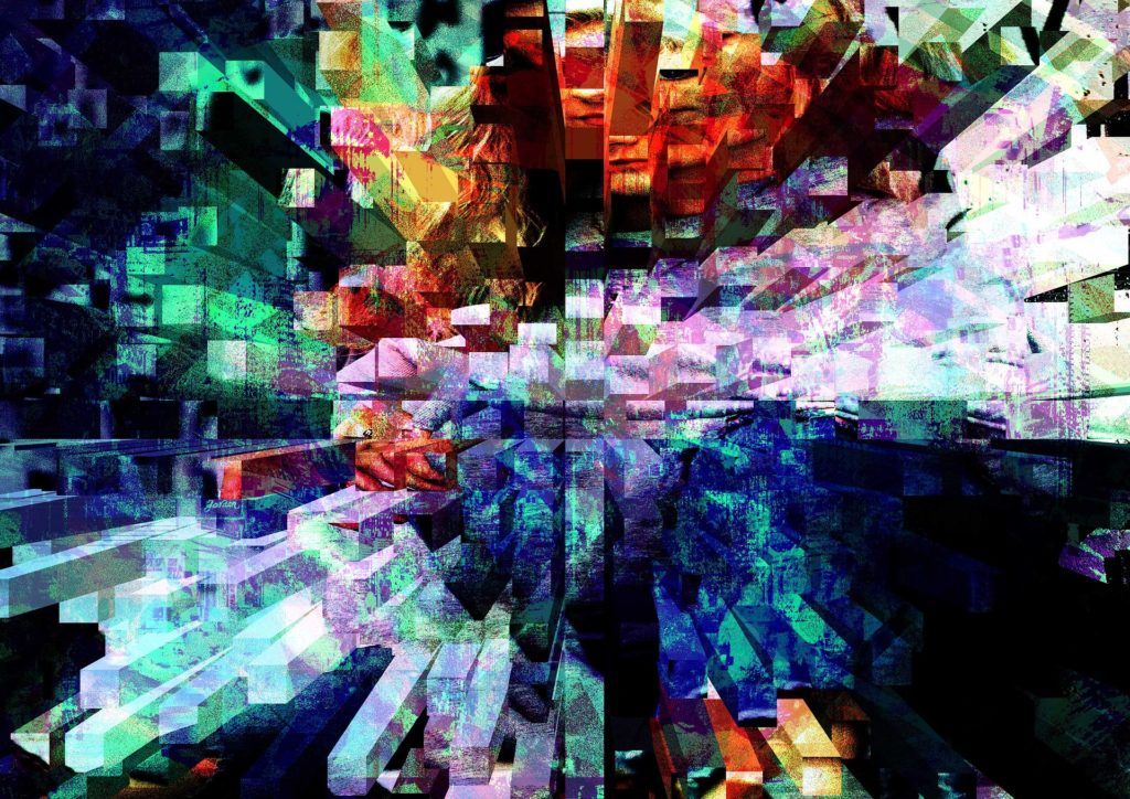 abstract geometric explosion of vibrant colors and shapes conveying chaos and harmony in motion.