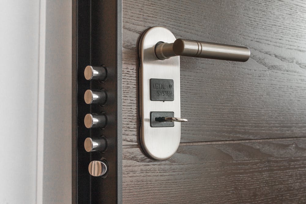 modern door handle and lock system displaying elegance, functionality, and security on a wooden door.