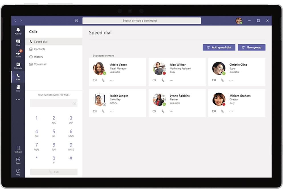 speed dial interface on microsoft teams tablet app for quick access to contacts.