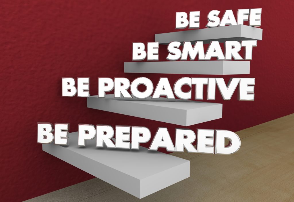 motivational staircase to preparedness with phrases: be safe, be smart, be proactive, be prepared.