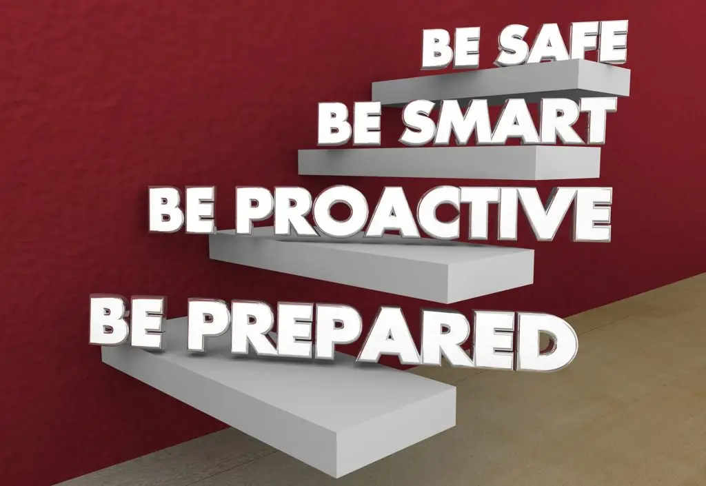 How To Prepare Your Business For The End Of Lockdown 1 motivational staircase to preparedness with phrases: be safe, be smart, be proactive, be prepared.