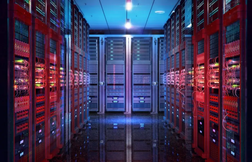 modern data center featuring organized red server racks with vibrant blue led lighting.