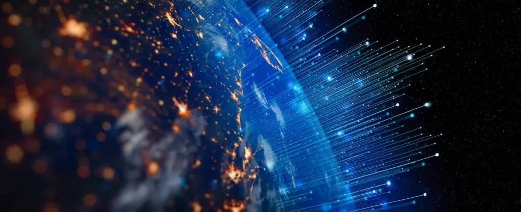 earths vibrant beauty contrasts with the cosmic void, symbolizing technological connections and life.