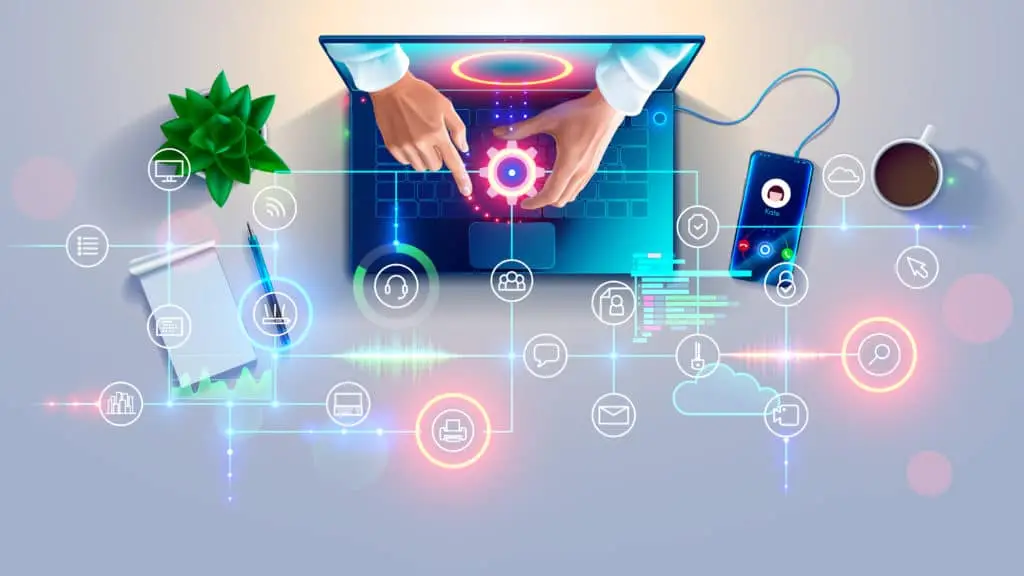 Modern digital workspace with laptop, holographic interface, plant, notepad, and coffee.