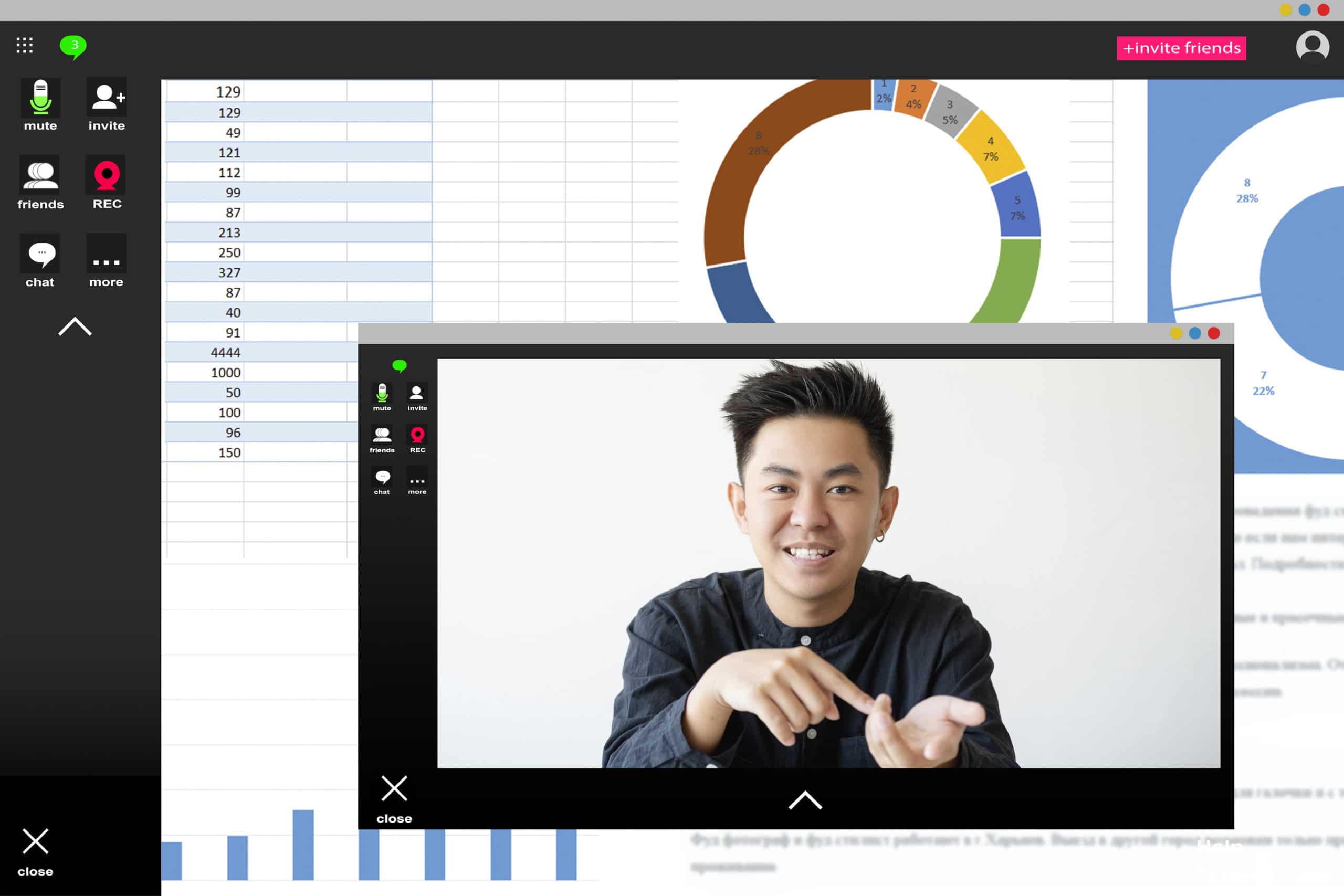 Screenshot of cheerful confident Asian male CEO discussing statistics review with charts graphs.