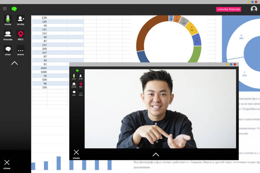 cheerful ceo discusses statistics in a colorful virtual meeting with engaging data visuals.