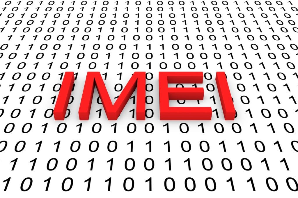 bold red imei acronym over binary code symbolizes mobile device identification in digital technology.