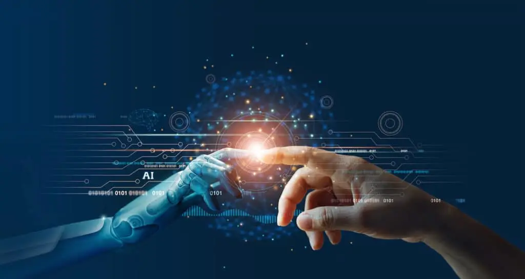 Optimizing Communication Efficiency With Microsoft 365 Copilot Within Outlook 5 metallic robotic hand almost touches warm human hand, symbolizing humanity and technology connection.