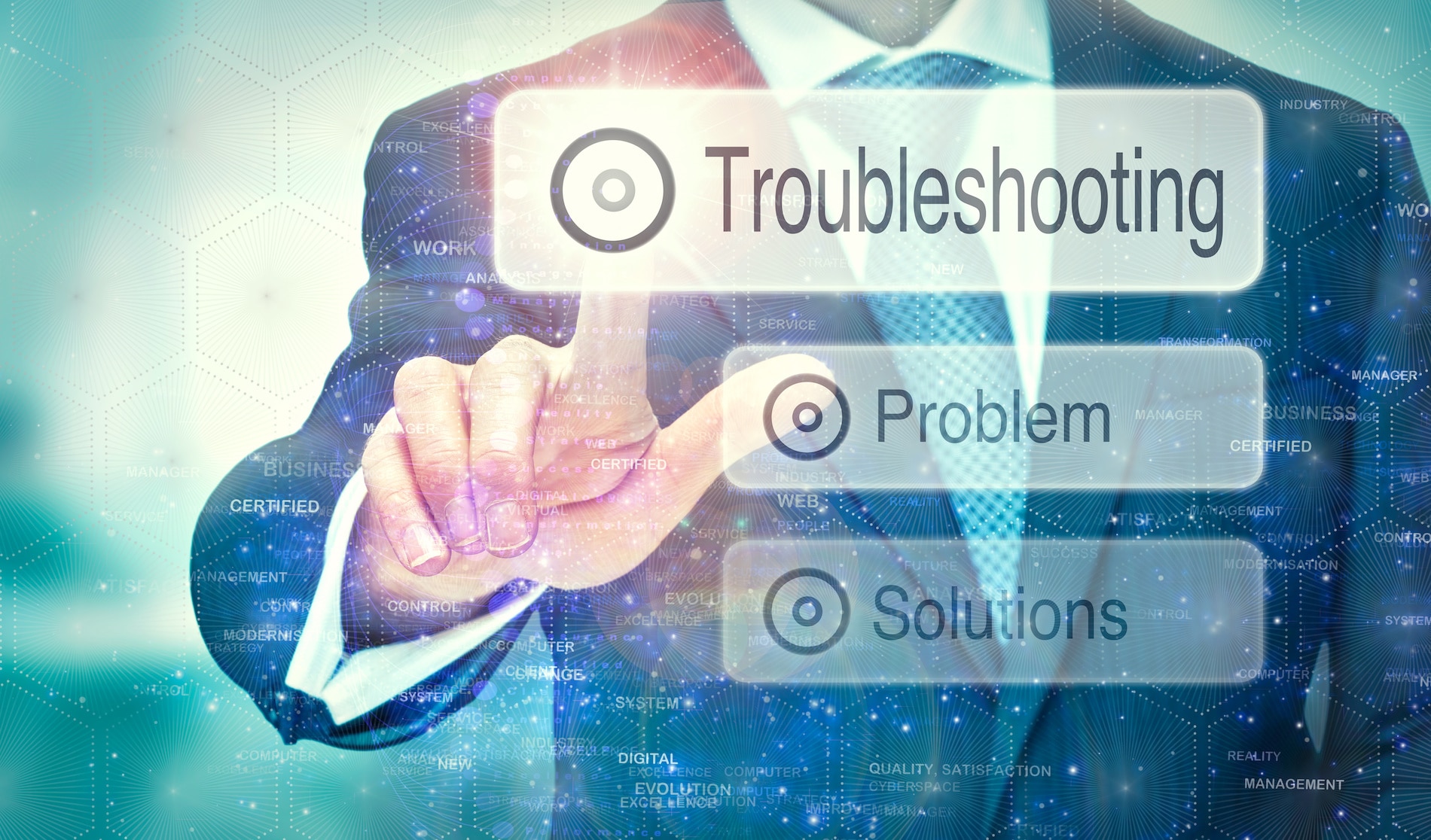 businessman troubleshooting on a digital interface in a modern, professional setting.