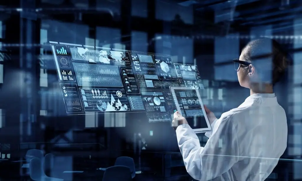 Scientist in a lab coat analyzes holographic data displays in a futuristic research laboratory.