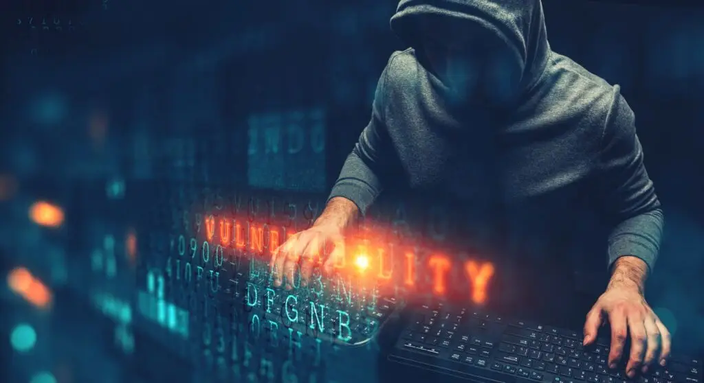 Hooded figure immersed in cybersecurity work, illuminated by the word VULNERABILITY.