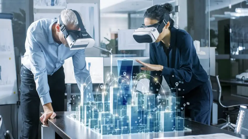 collaborative virtual reality session in a modern office with immersive 3d architectural designs.