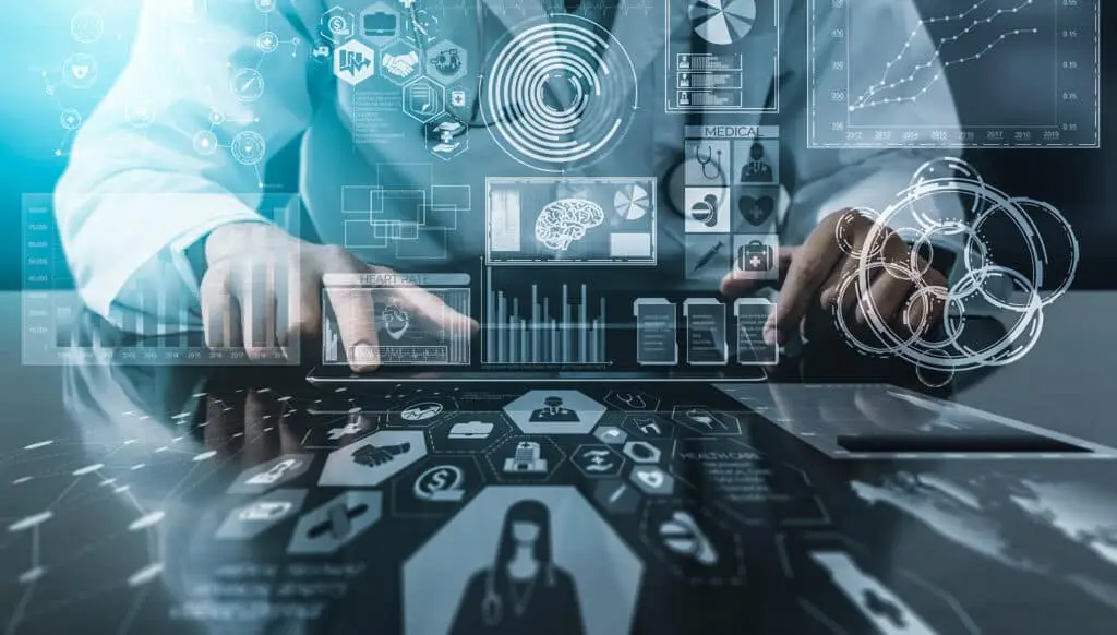 Healthcare Technology: Improving Privacy 2 professional analyzing data in a futuristic workspace with holographic interfaces and visualizations.