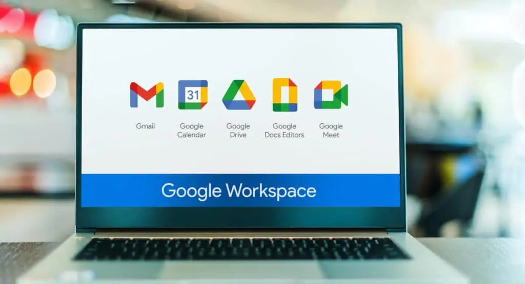 A Quick Look At Google Workspace 4 sleek laptop displaying google workspace icons for productivity and collaboration in vibrant workspace.