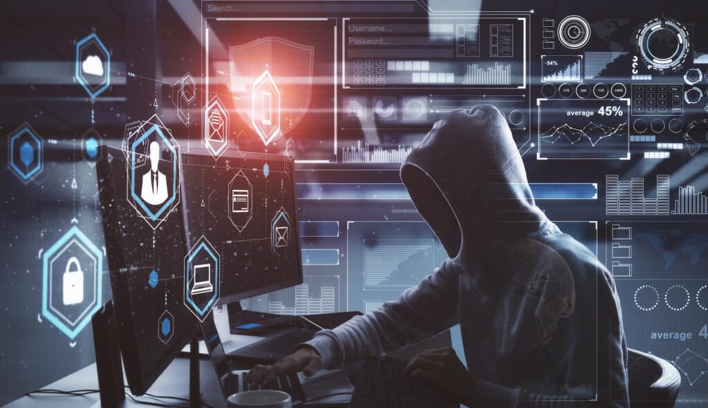 young hacker immersed in glowing screens, blending everyday life with cybercrime activities.