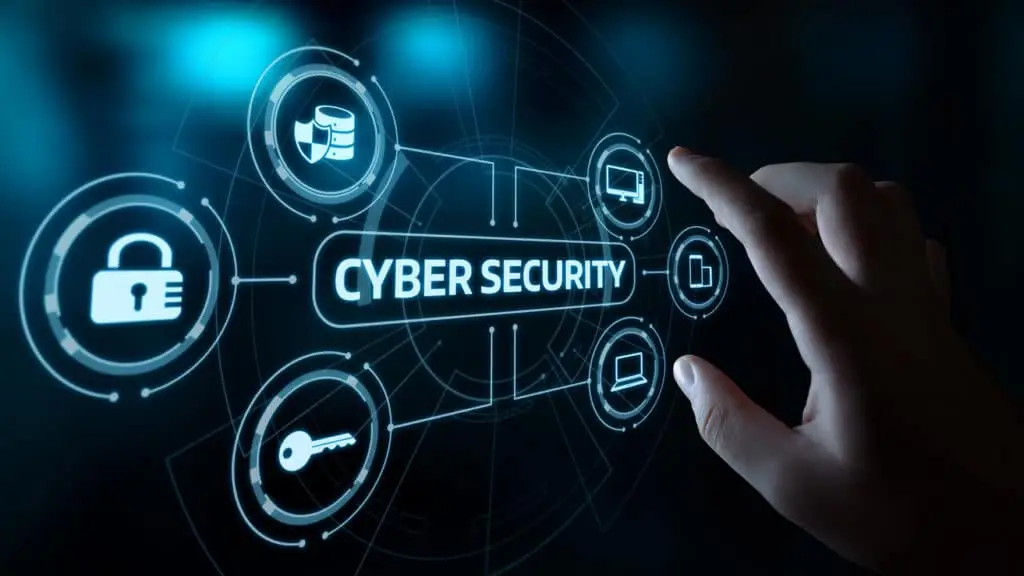 Frequently Asked Questions About Cybersecurity 3 futuristic cybersecurity interface illustrating digital protection with interactive icons and bold text.