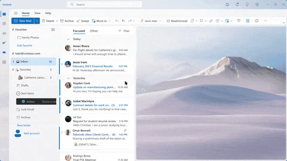 Microsoft 365 Copilot: Revolutionizing Work With Ai 1 digital workspace interface featuring messaging tools and a calming mountain landscape background.