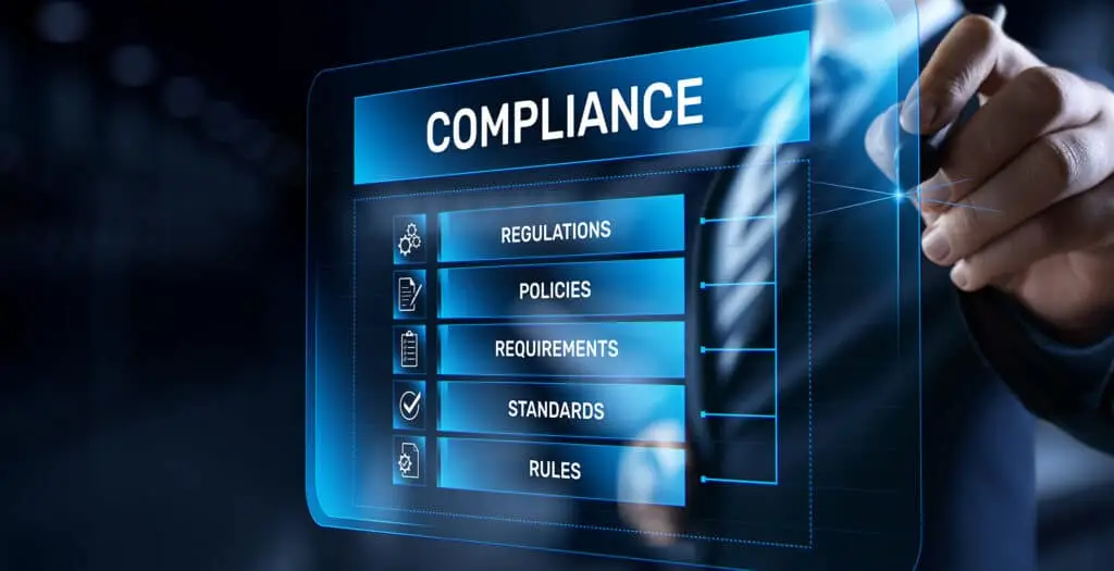 Streamlined digital interface showcasing compliance standards through technology and professional engagement.